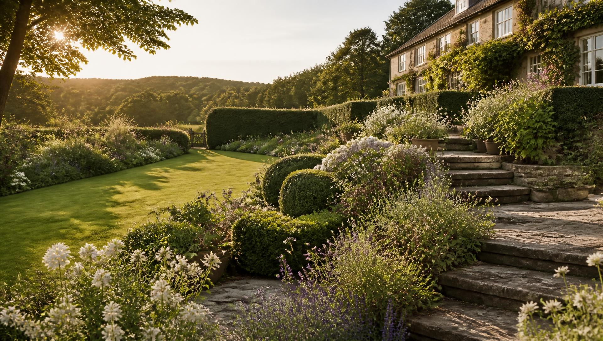 A carefully tended English country garden with deep borders in bloom at golden hour